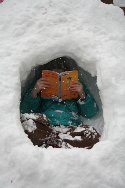 Child reading in snow